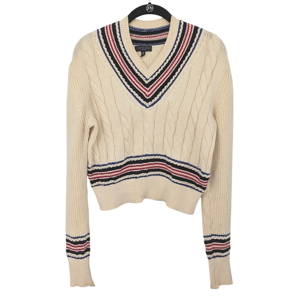 rag & bone Cable Knit Sweater Women Medium Cream Varsity Stripe Cropped Preppy